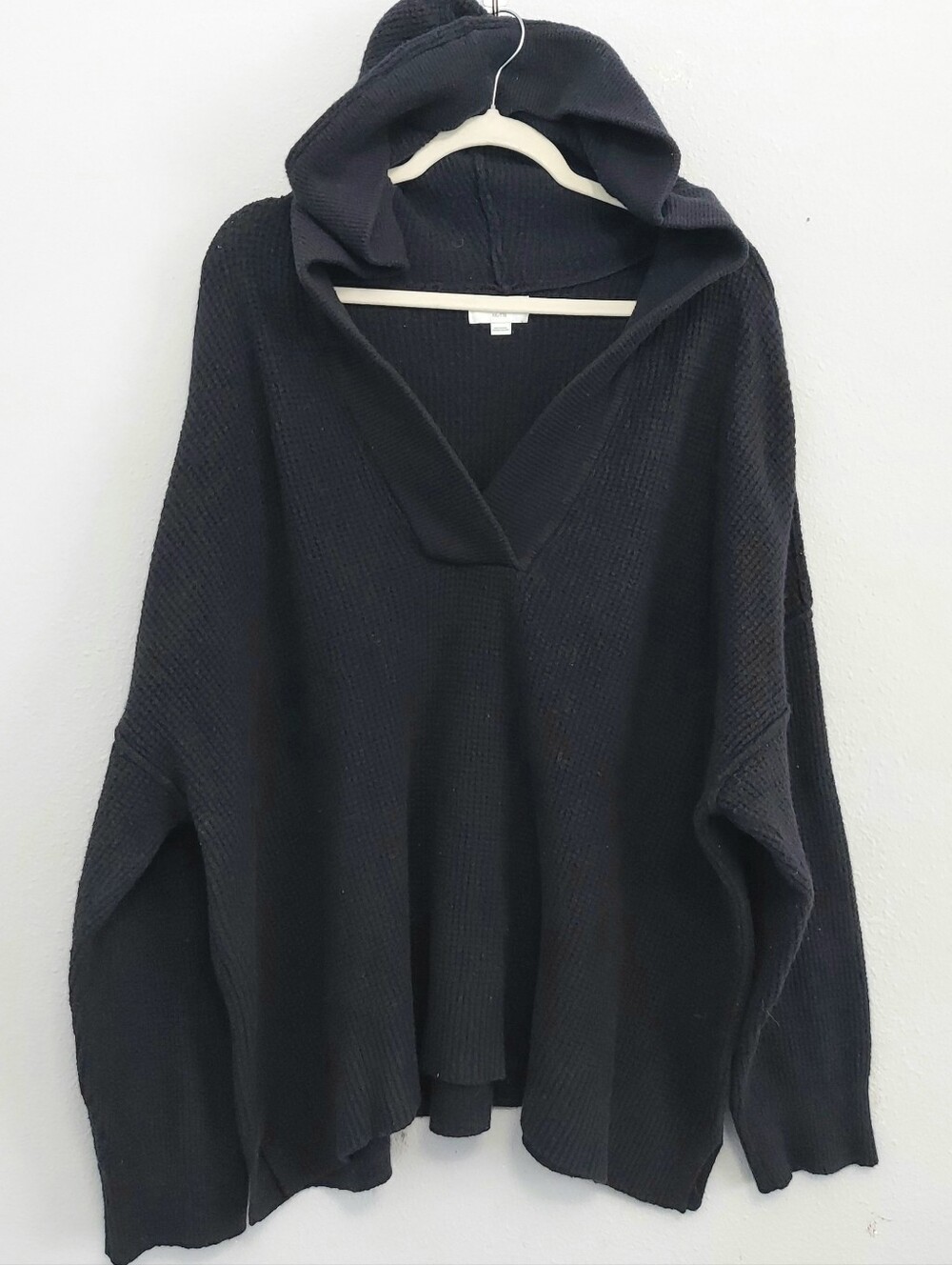 Aerie Cozy Up Waffle Knit Vneck Hoodie Sweater Women Black XXL Comfy